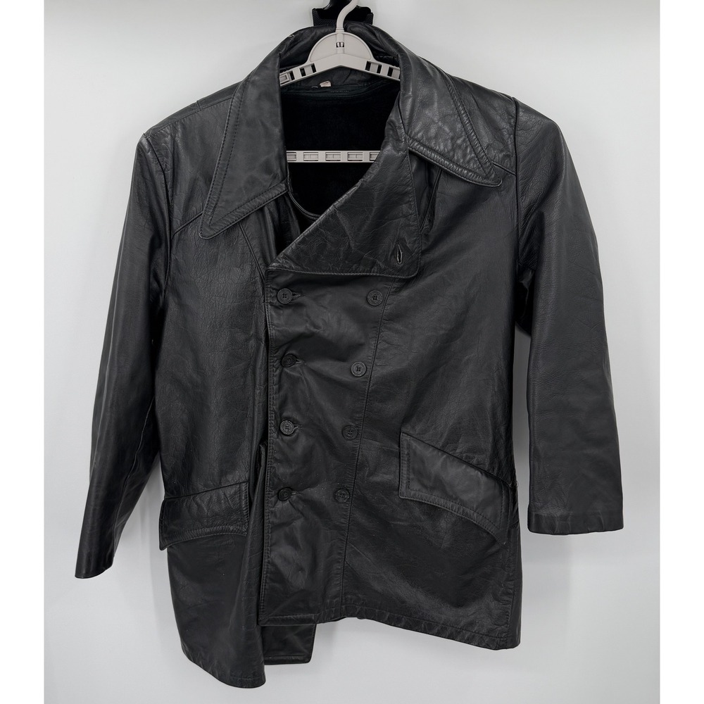 Vintage Black Genuine Leather Pea Coat Faux Fur Lined Double Breasted Jacket 42